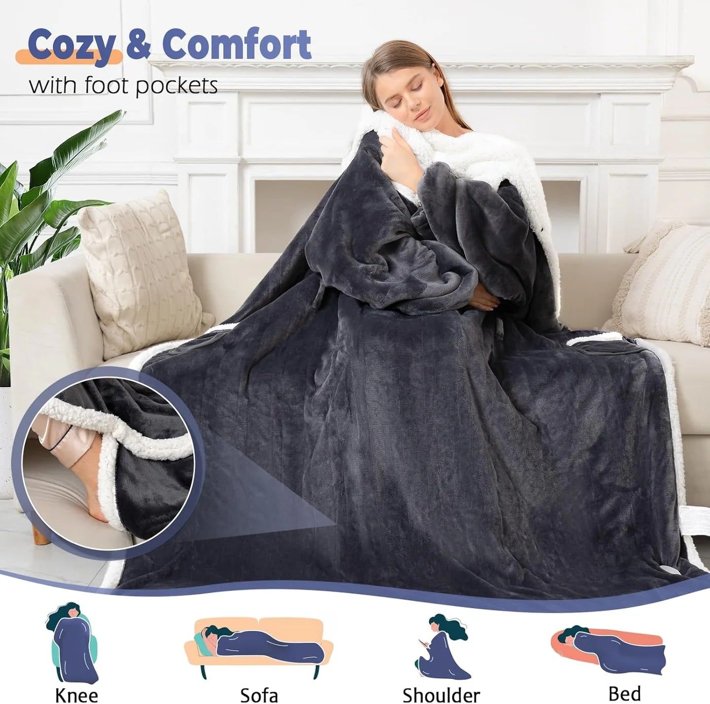 Thermal Heating Blanket with Foot Pocket | Electric Heated Throw for Period Cramp & Pain Relief