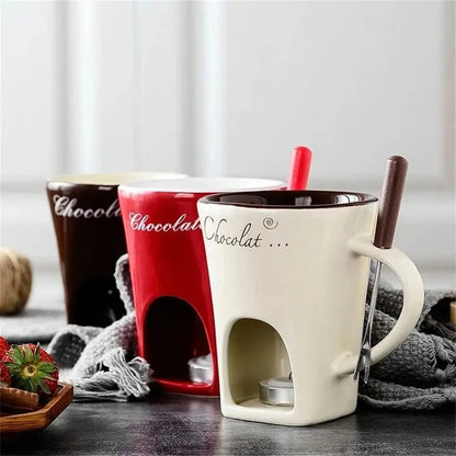 Premium Ceramic Chocolate Fondue Mug Set with Tea Light Warmer - Romantic Date Night Essential