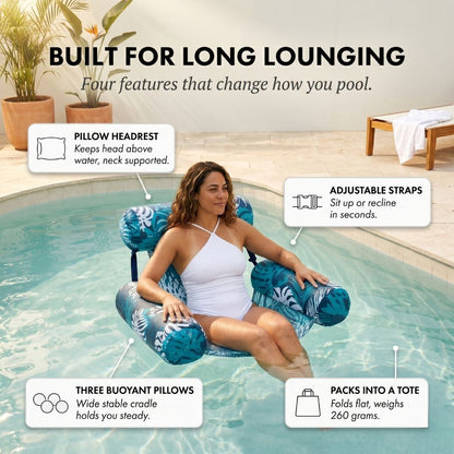 Maviglow™ – 3-Pillow Reclining Pool Float Chair with Adjustable Straps 