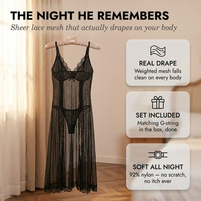 Maviglow™ – Sheer Lace Mesh Gown with Dual Slits & G-String Lingerie Set 
