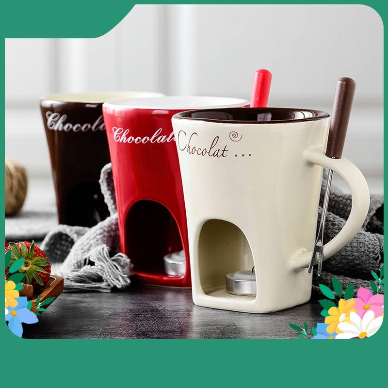 Premium Ceramic Chocolate Fondue Mug Set with Tea Light Warmer - Romantic Date Night Essential
