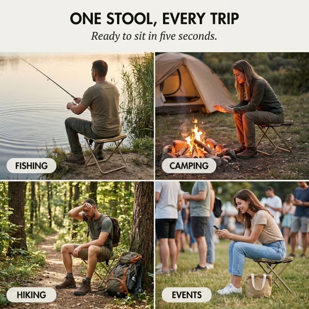 Maviglow™ – Ultralight Folding Stool with Built-In Carry Pouch & Phone Pocket 