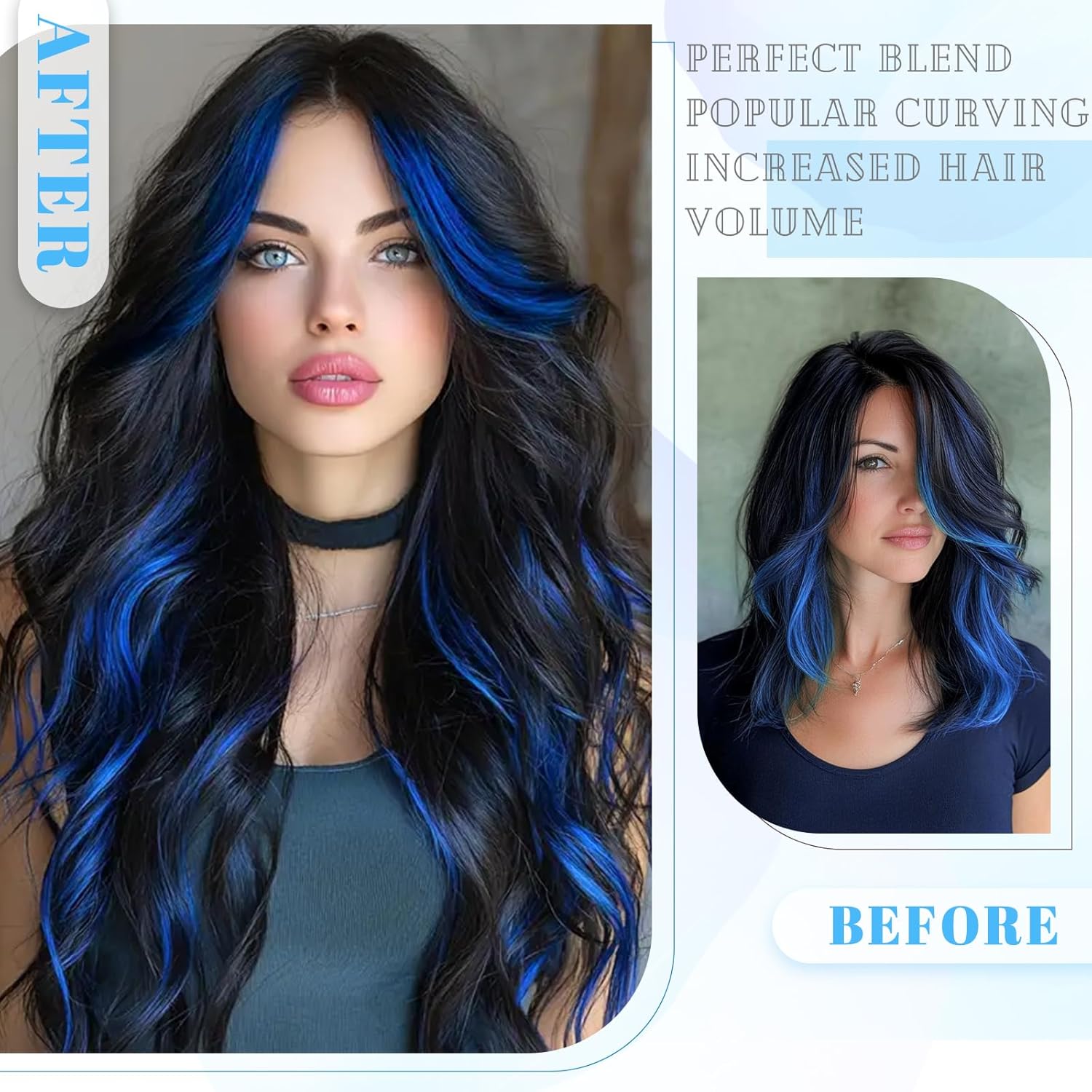 Clip in Long Wavy Synthetic Hair Extension (Blue Black Highlights)