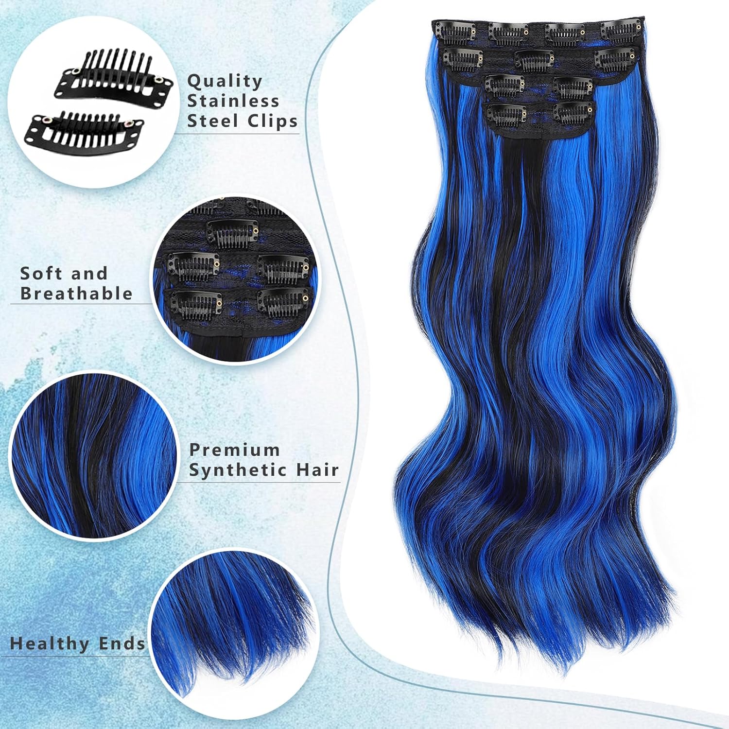 Clip in Long Wavy Synthetic Hair Extension (Blue Black Highlights)