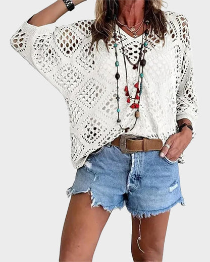 Womens Bohemian-Inspired Beige Crochet Top with V-Neck