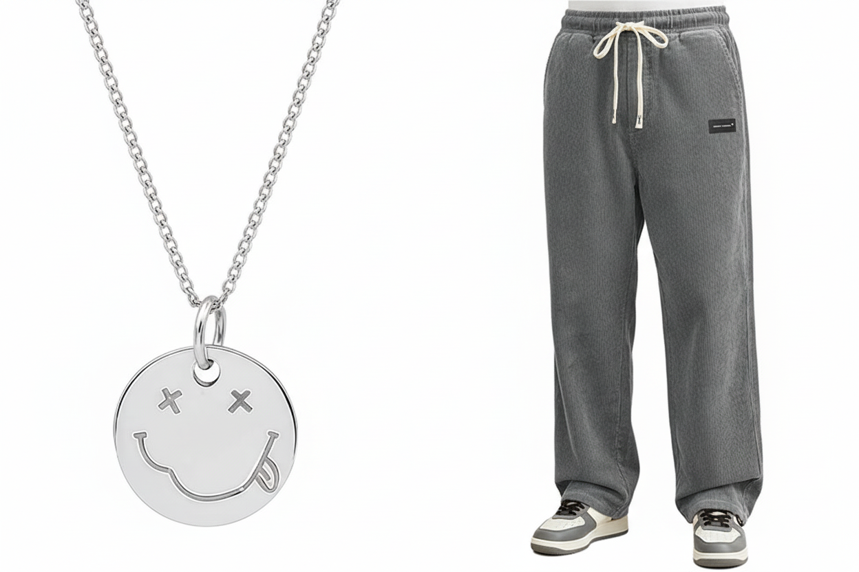 项链与灰色裤子组合