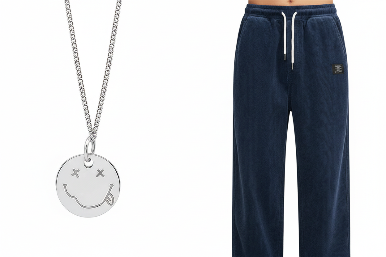 项链与深蓝色裤子组合