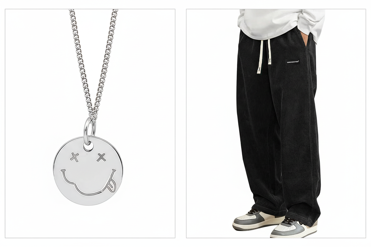 项链与黑色裤子组合