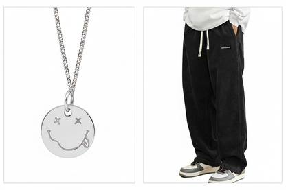 项链与黑色裤子组合