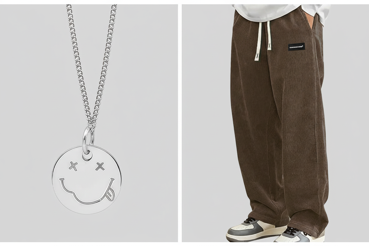 项链与棕色裤子组合