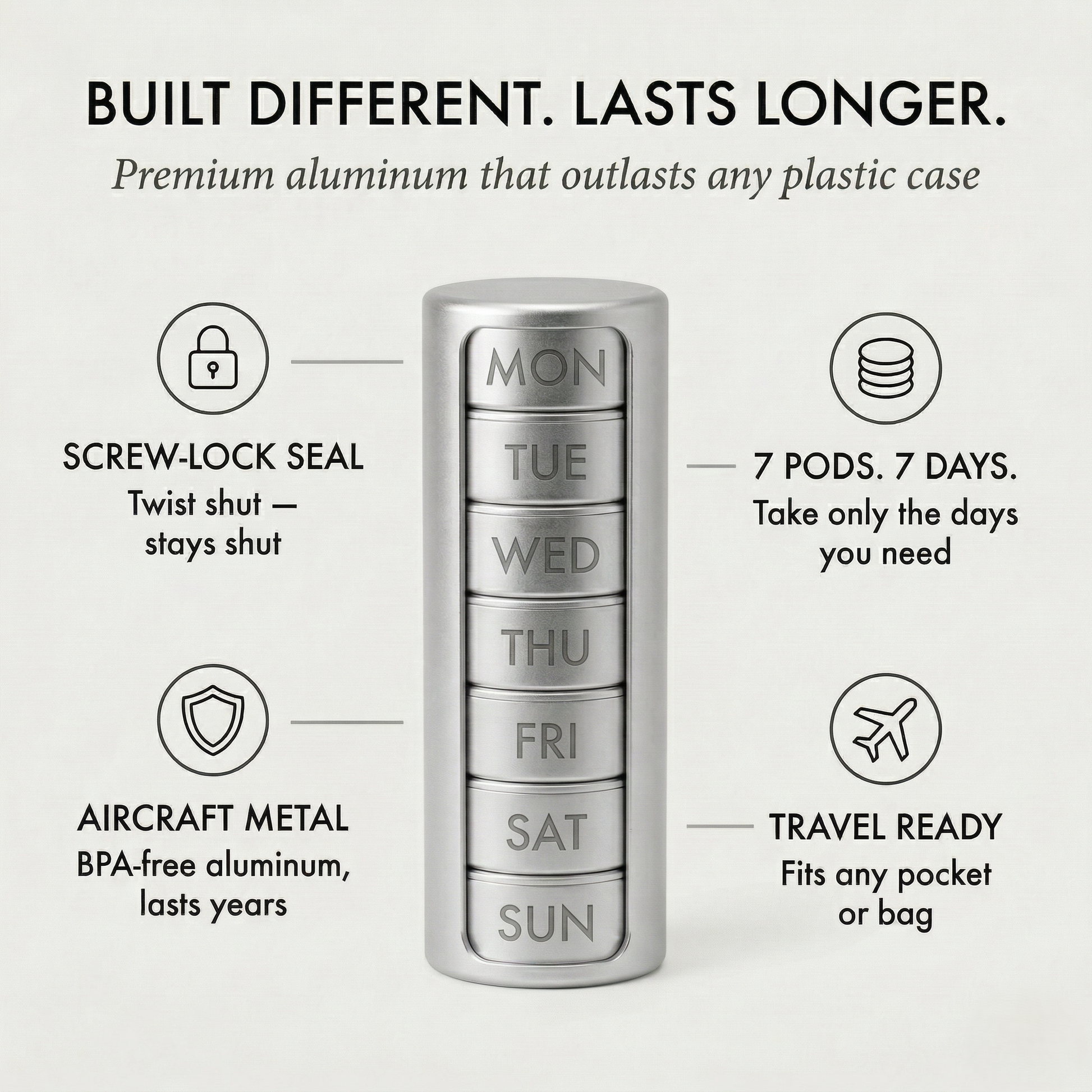 Doselock™ – Stackable Metal Weekly Pill Organizer, BPA-Free Aluminum, 7-Day Travel Pill Case + 50% OFF