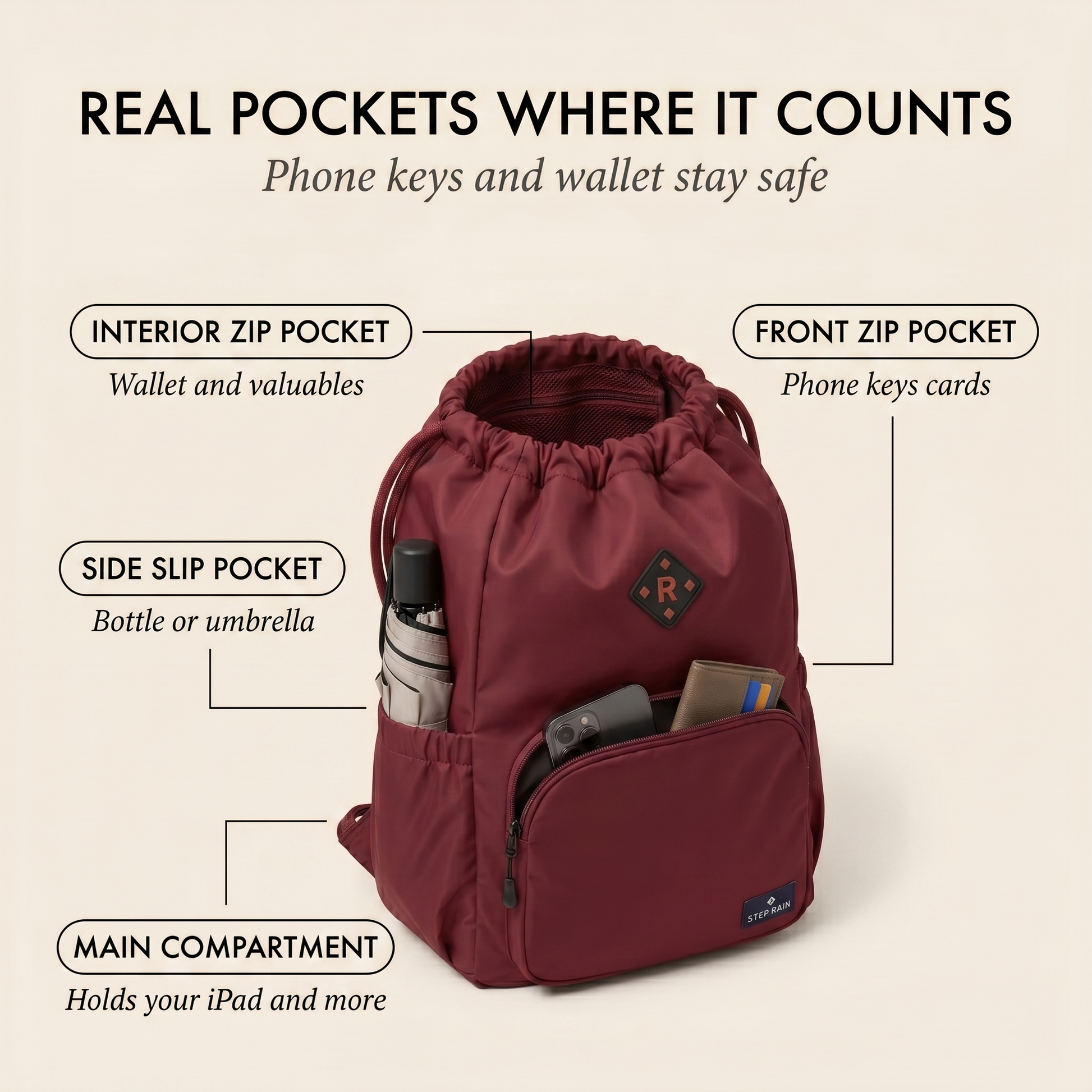 Maviglow™ – Waterproof Drawstring Sport Backpack with Zippered Pockets & Adjustable Straps 