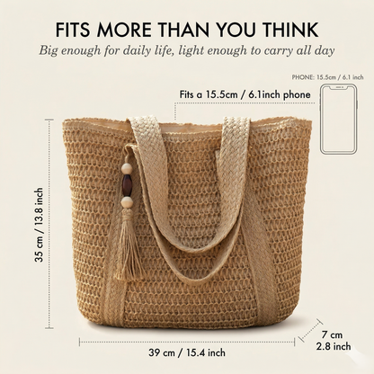 Maviglow™ – Woven Straw Tote Bag with Zipper, Tassel & Boho Style 