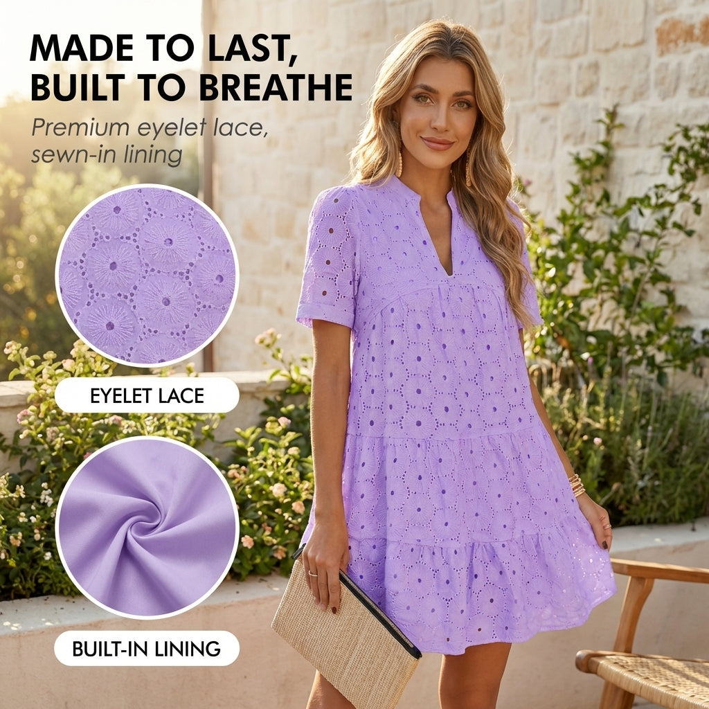 Petalia™ – Flowy Eyelet Babydoll Swing Mini Dress for Women + 50 % OFF