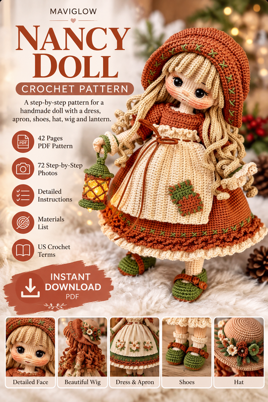 Nancy Doll Crochet Pattern PDF | Amigurumi Doll with Dress, Apron, Hat & Accessories