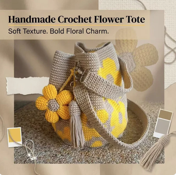 Handmade-Crocheted Flower Tote Bag