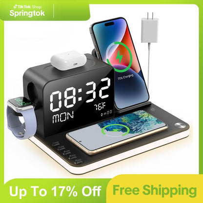 BLKE 7-in-1 Wireless Charging Station - Fast MagSafe Charger with Touch Night Light, Bluetooth Timesync, Digital Display & 33W Adapter for iPhone 16/15/14/13/12, AirPods, Apple Watch & Android Phones