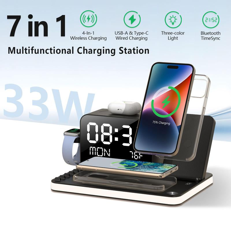 BLKE 7-in-1 Wireless Charging Station - Fast MagSafe Charger with Touch Night Light, Bluetooth Timesync, Digital Display & 33W Adapter for iPhone 16/15/14/13/12, AirPods, Apple Watch & Android Phones