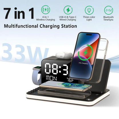 BLKE 7-in-1 Wireless Charging Station - Fast MagSafe Charger with Touch Night Light, Bluetooth Timesync, Digital Display & 33W Adapter for iPhone 16/15/14/13/12, AirPods, Apple Watch & Android Phones