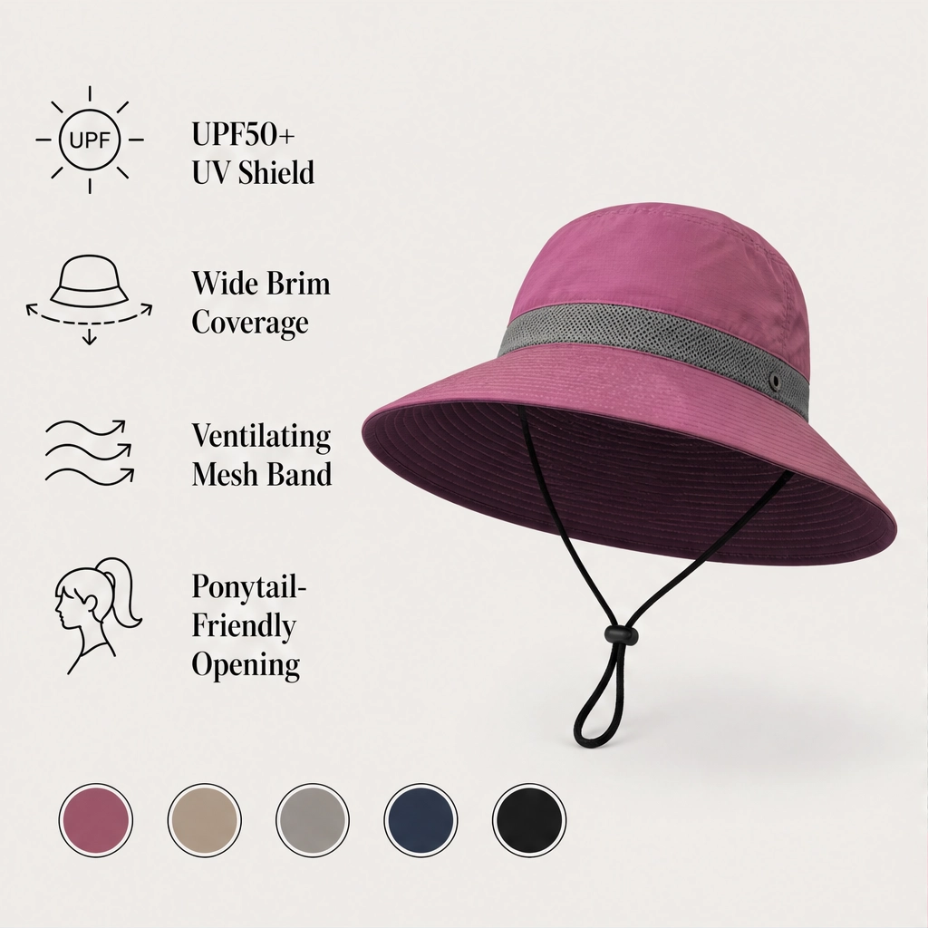 Maviglow™ – Packable Wide-Brim UPF50+ Sun Hat with Ponytail Hole 