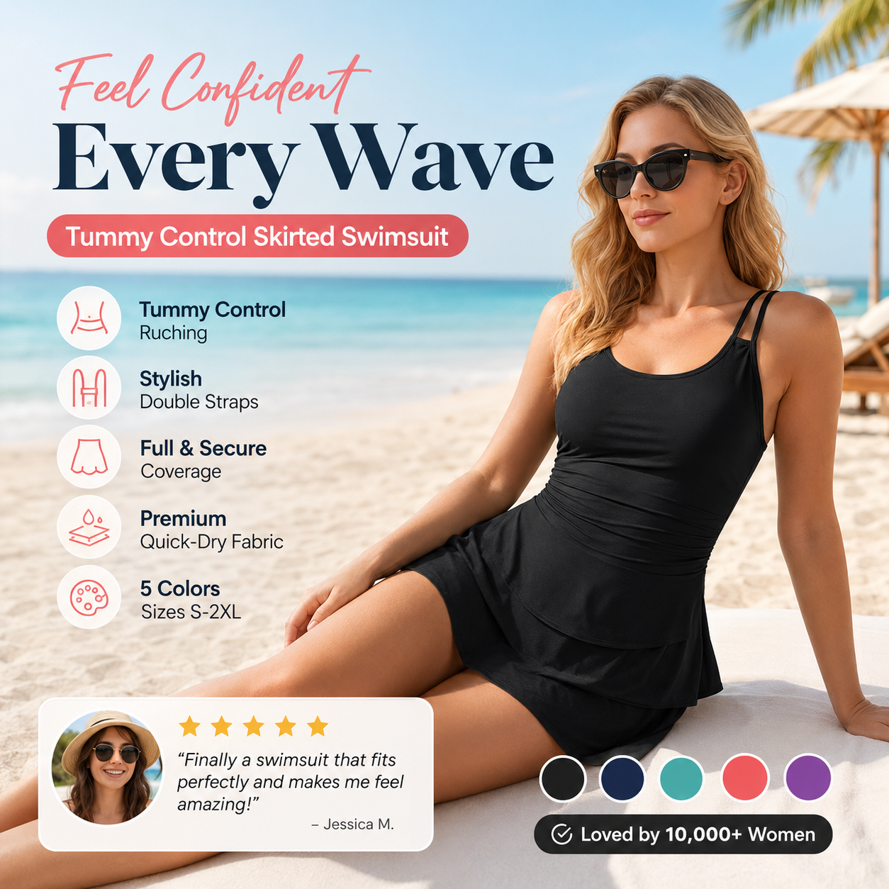 Maviglow™ – Ruched Tummy-Control Skirted Swimsuit with Secure Double Straps 