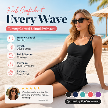 Maviglow™ – Ruched Tummy-Control Skirted Swimsuit with Secure Double Straps 