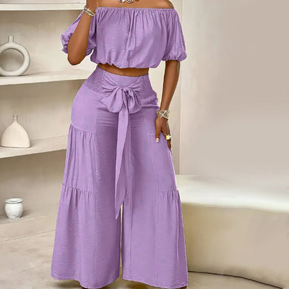 ☀️ 50% OFF NOW! 👗 Off-Shoulder Puff Sleeve Top & Wide-Leg Pants Set – Elegant Summer 2-Piece! 💃