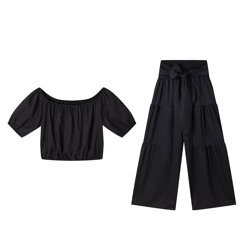 ☀️ 50% OFF NOW! 👗 Off-Shoulder Puff Sleeve Top & Wide-Leg Pants Set – Elegant Summer 2-Piece! 💃
