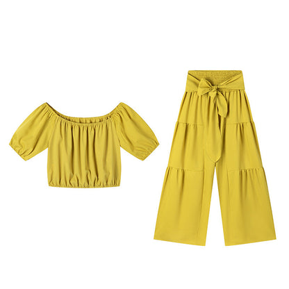 ☀️ 50% OFF NOW! 👗 Off-Shoulder Puff Sleeve Top & Wide-Leg Pants Set – Elegant Summer 2-Piece! 💃