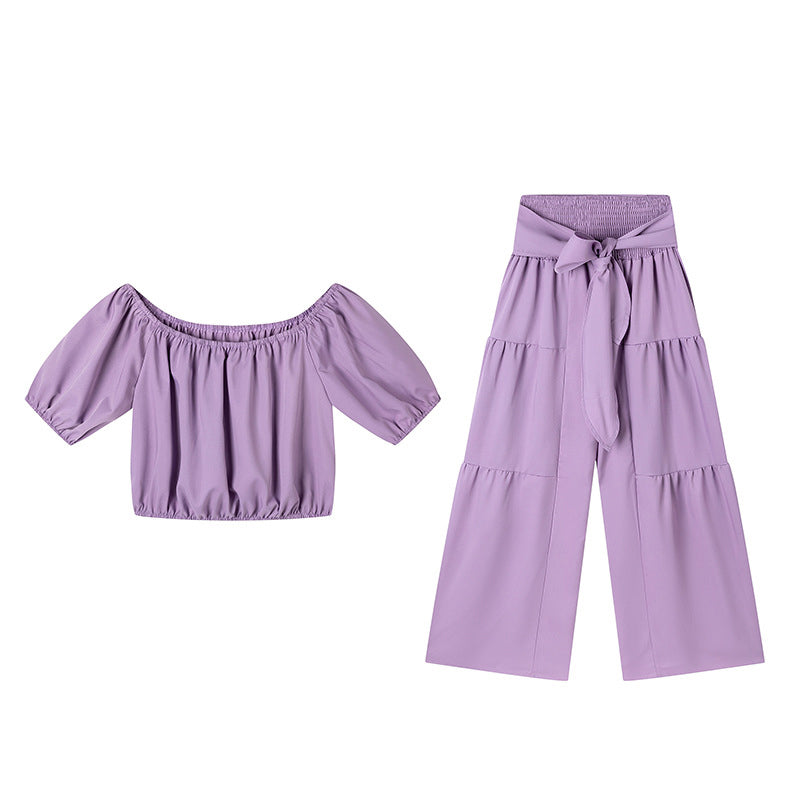 ☀️ 50% OFF NOW! 👗 Off-Shoulder Puff Sleeve Top & Wide-Leg Pants Set – Elegant Summer 2-Piece! 💃