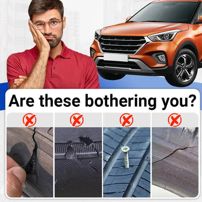 Worried man with orange SUV and damaged tires, showing cracks, punctures, and tire issues; clarioy auto tools context.