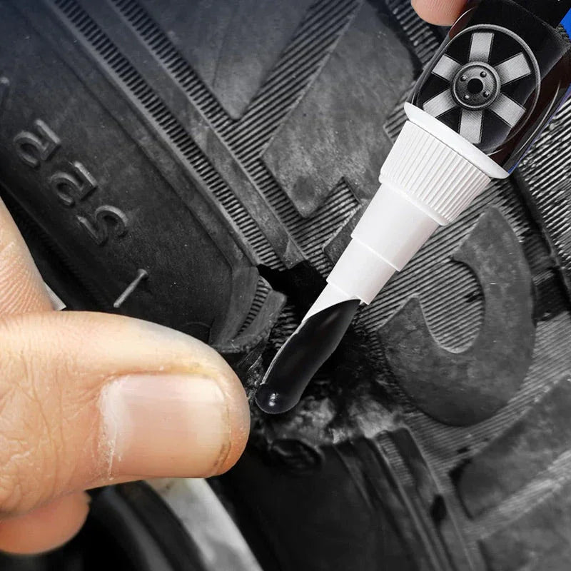 Applying tire repair glue to damaged tire tread with precision applicator pen, auto tool from clarioy