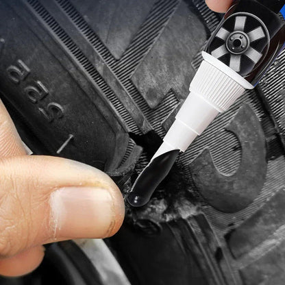 Applying tire repair glue to damaged tire tread with precision applicator pen, auto tool from clarioy