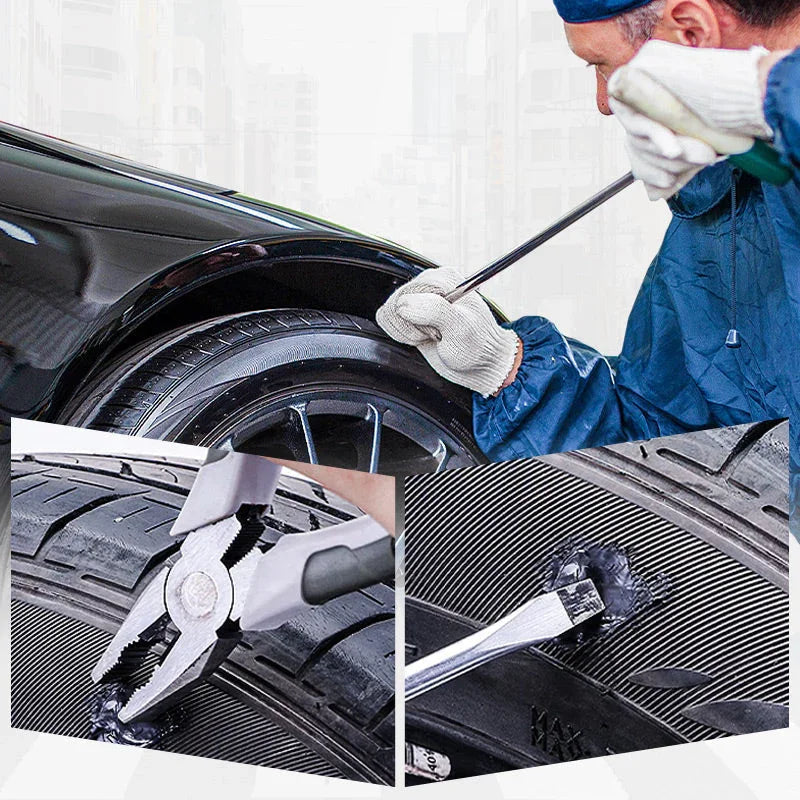 Man repairing car tire with auto tools, close-up of pliers and patchwork, clarioy homeware.
