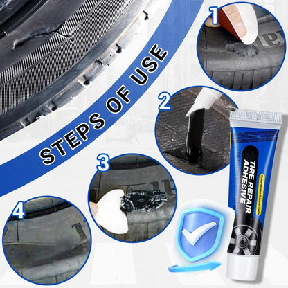 Tire repair adhesive step-by-step guide, showing how to fix tire cracks using Clarioy auto tool.