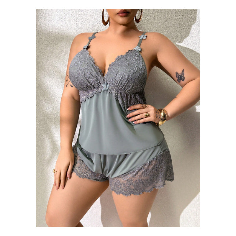 Maviglow™ – Lace V-Neck Cami & Shorts Pajama Set with Adjustable Straps 