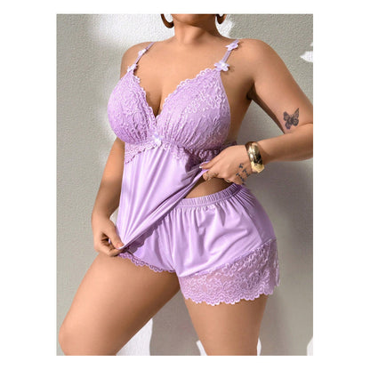 Maviglow™ – Lace V-Neck Cami & Shorts Pajama Set with Adjustable Straps 