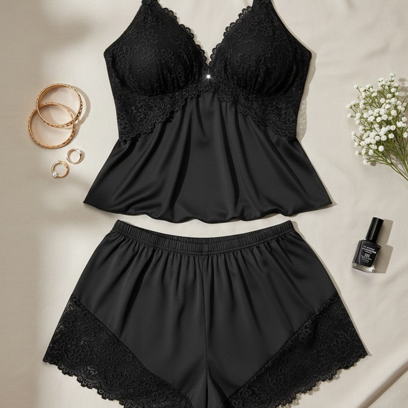 Maviglow™ – Lace V-Neck Cami & Shorts Pajama Set with Adjustable Straps 