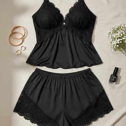 Maviglow™ – Lace V-Neck Cami & Shorts Pajama Set with Adjustable Straps 