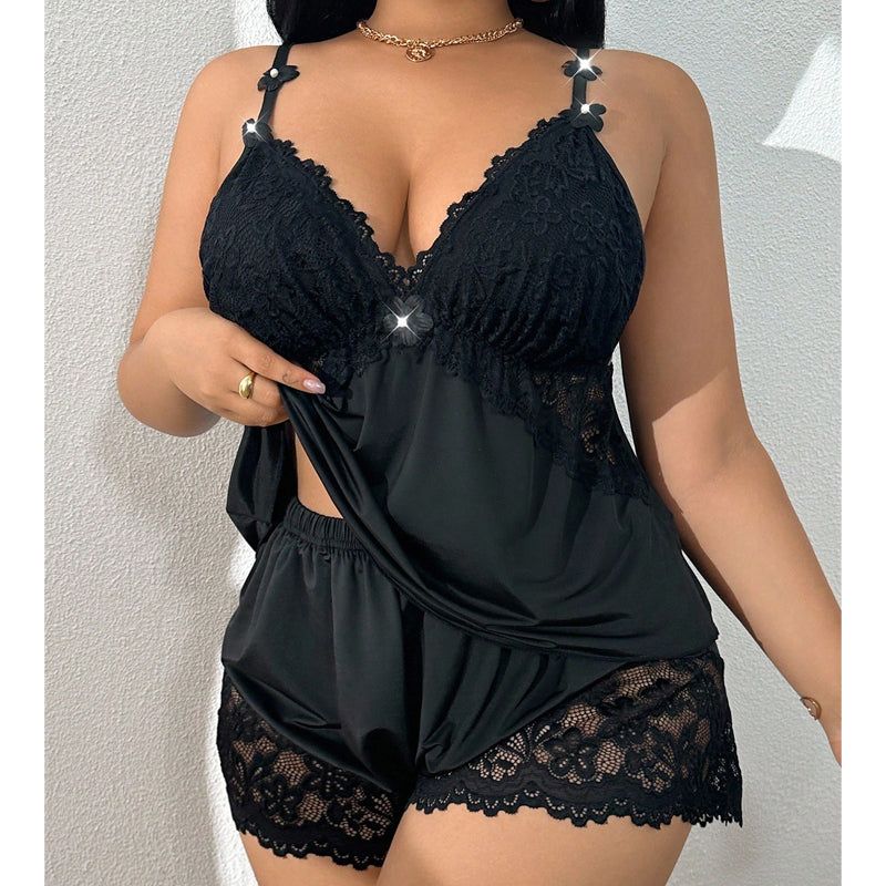 Maviglow™ – Lace V-Neck Cami & Shorts Pajama Set with Adjustable Straps 