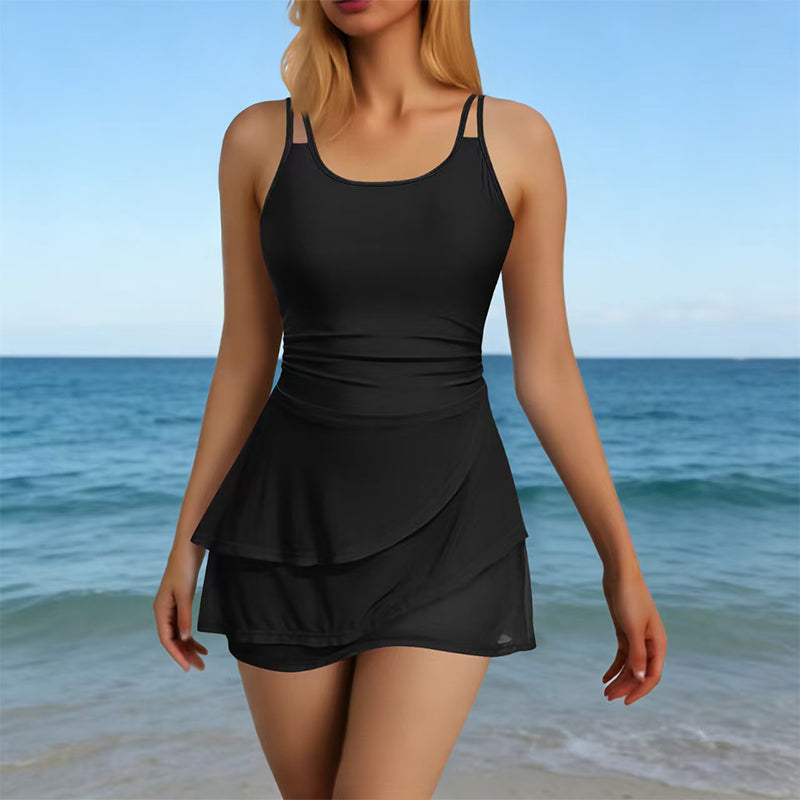 Maviglow™ – Ruched Tummy-Control Skirted Swimsuit with Secure Double Straps 